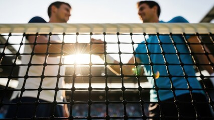 Tennis players shaking hands over net with sun flare, symbolizing sportsmanship.