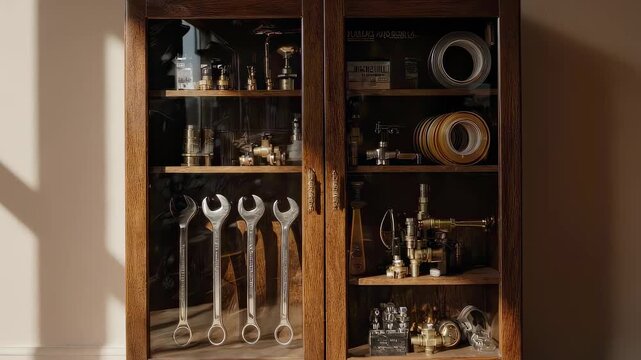 This intriguing video features a beautifully organized display cabinet filled with various vintage tools and hardware. The warm wood finish and carefully arranged items showcase the charm of a well-pr