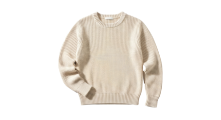 A textured cream-colored sweater with long sleeves and a crew neckline, displayed against a plain white background.