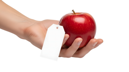 A hand holding a red apple with a white tag