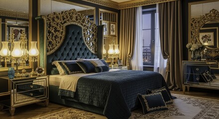 Obraz premium Luxurious Emerald Green and Gold Bedroom Interior with Ornate Gilded Headboard, Mirrored Furniture, and City View