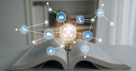 A captivating image depicting a light bulb symbolizing ideas hovering above an open book, surrounded by digital icons representing knowledge sharing and communication concepts. Crux