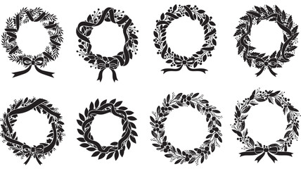 Black Christmas Wreaths with Ribbons Isolated on White Background