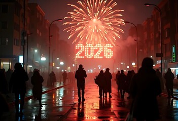 Happy new year 2026 . New Year 2026 Celebration with Fiery Numbers and Fireworks