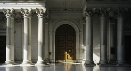 Obraz premium Sunlit Grand Entrance Hall with Neoclassical Marble Columns and Ornate Wooden Door, Reflecting Light on a Polished Floor, showcasing classical architectural beauty.
