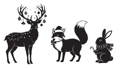 Black Deer, Fox, and Bunny Silhouettes Isolated on White Background