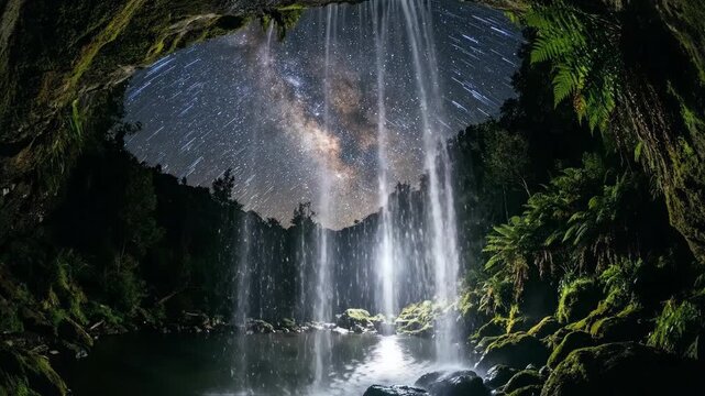 Waterfall cascading from a mossy cave opening into a pool of water, reflecting the star-filled night sky and the milky way galaxy in a serene natural setting