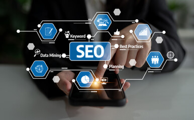 A modern digital marketing concept showcasing SEO strategy using smartphone interaction, data mining, and relevant icons to symbolize online effectiveness and growth. Tessel