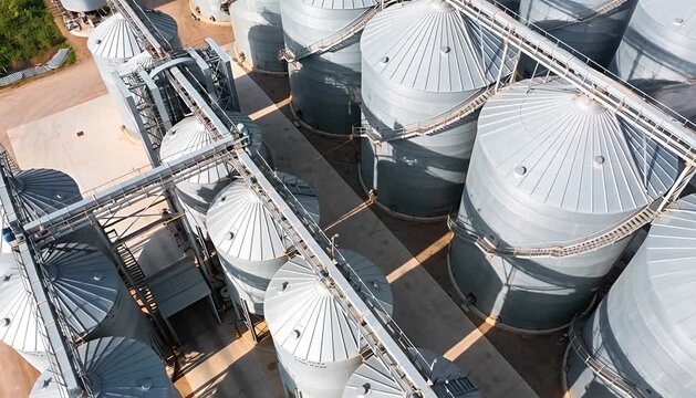 Aerial view of massive agricultural grain silos for farm storage and processing facility grain silos.