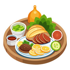 Delicious roasted meat platter with sides and garnishes