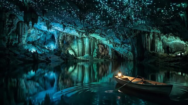 Boat floats on a calm underground river in waitomo caves beneath a starry ceiling of glowworms, their blue bioluminescence reflecting on limestone formations, serene and magical