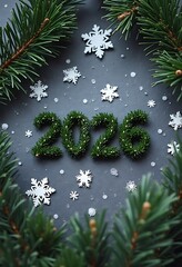 Festive 2026 New Year with Pine Branches and Snowflakes. Happy new year 2026
