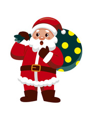 Cartoon Santa Claus with a surprised expression carrying a large polka-dotted gift sack.