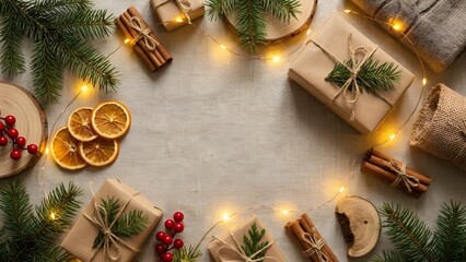Cozy Christmas Flat Lay with Wrapped Gifts, Pine Branches and Warm Lights