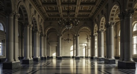 Obraz premium Grand Classical Hall with Ornate Coffered Ceiling, Fluted Columns, and Marble Floor Bathed in Dramatic Sunlight