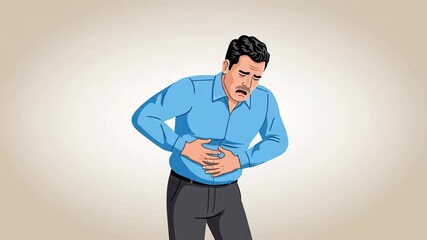 Animated Man Experiencing Stomach Pain Symptoms Illustration for Medical Awareness