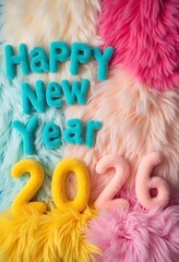 Happy New Year 2026 Fluffy Text with Colorful PomPoms. Happy new year 2026