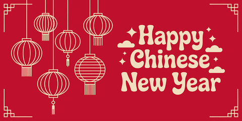 Happy Chinese New Year Greeting Card with Hanging Lanterns