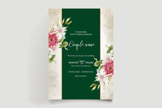 WEDDING INVITATION FRAME WITH FLOWER DECORATIONS AND FRESH LEAVES - Powered by Adobe