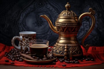 Freshly brewed coffee enhances the rich aroma, served in an elegant glass alongside an ornate brass coffee pot and roasted beans