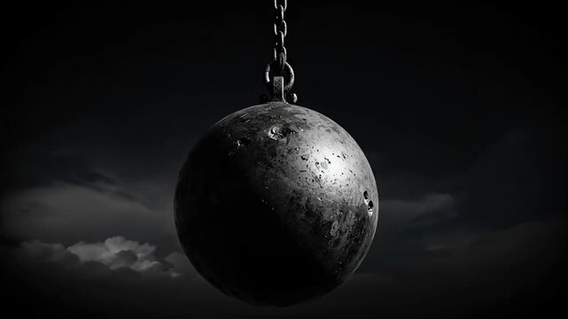 Cinematic Wrecking Ball Hanging Under Dark Sky and Flashing Lightning