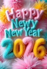 Happy New Year 2026 Fluffy Text with Colorful PomPoms. Happy new year 2026