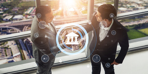A global FinTech and digital banking network technology concept. A central financial system connected to the worldwide digital economy and services. Motif