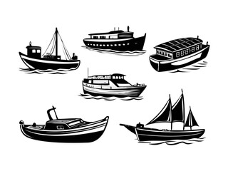 Stylized white silhouettes of boats on a black background