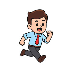 Cartoon office worker running with energetic expression. Chibi businessman in blue shirt and red tie sprinting.