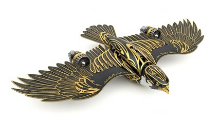 Black and Gold Eagle Jet Aircraft, Intricately Stylized, on White