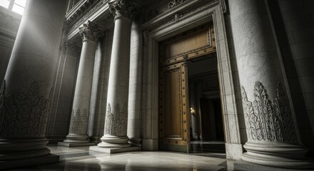 Obraz premium Grand, Ornate Classical Hall Interior with Dramatic Light Shafts Highlighting Marble Columns and a Majestic Wooden Door