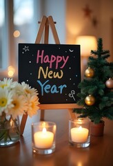Festive New Year's Greeting on a Blackboard with Warm Lights. Happy new year 2026