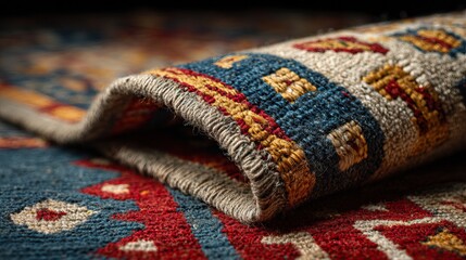 Fototapeta premium Close-up of a vibrant oriental rug showcasing intricate, colorful patterns. AI-generated image carpet
