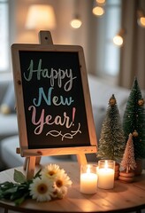 Festive New Year's Greeting on a Blackboard with Warm Lights. Happy new year 2026