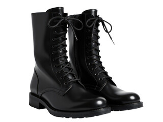 A close-up shot of black leather boots with visible laces, great for fashion and lifestyle images. transparent background