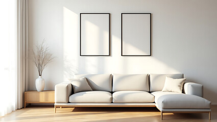 Minimalist living room interior with a spacious light beige couch and sunlit white wall