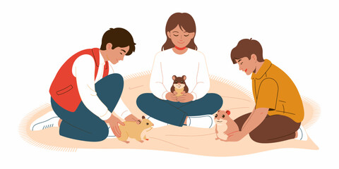 Fototapeta na wymiar Three children are joyfully interacting with adorable hamsters, showcasing friendship, playfulness, and the joy of pets in a warm and inviting home setting.