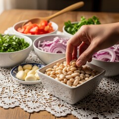 Hand adding white beans to a collection of fresh ingredients for a meal