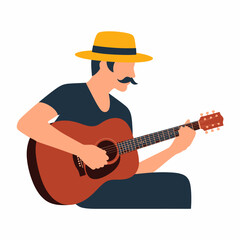 Obraz premium A musician with a classic mustache and hat passionately playing an acoustic guitar, conveying a sense of artistry, creativity, and connection through music in a relaxed environment.