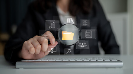 Concept of a document management system for corporate file archiving. This digital platform...