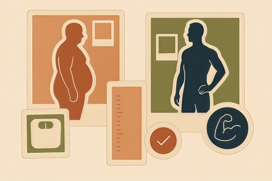 Visual contrast of wellness transformation showcasing body composition analysis with fitness icons and indicators of physical change in a minimalistic aesthetic