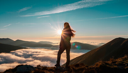 Obraz premium Lone Hiker Standing on Mountain Peak Above Sea of Clouds During Golden Sunrise, Epic Adventure Landscape with Dramatic Light and Vast Horizon