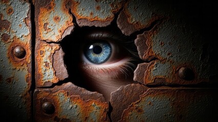 Eye Peering Through Rusty Metal Texture Close-Up Crack. Concept featuring eye, metal, rust, texture, close-up.