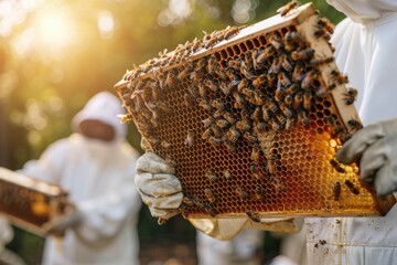 A beekeeper in a white protective suit holding a wooden honeycomb frame filled with golden honey and bees, sunlight shining through the amber honey texture