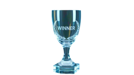 Winner glass trophy with polished transparent body shimmering reflections  and laurel wreath motif Perfect award ceremonies on transparent background 