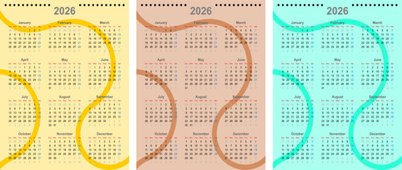Vector pocket a set of 2026 calendar design. Week starts on Sunday. January, February, March, April, May, June, July, August, September, October, November, December