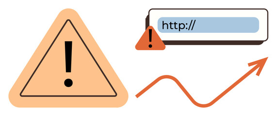 Exclamation mark in triangle, URL box with warning, upward arrow. Ideal for cybersecurity, website safety, caution, analytics, growth alerts digital risk. Simple flat metaphor