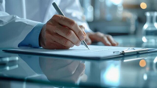 Science in Action: A scientist meticulously documents research findings on a clipboard, capturing the essence of diligent work and scientific precision. 