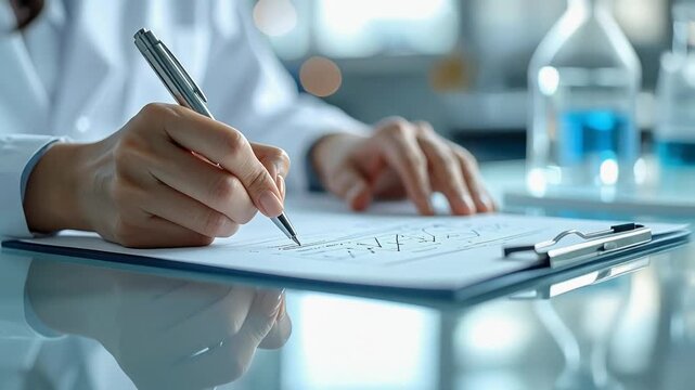 Scientist's Detailed Notes: A scientist meticulously documents observations and findings with precision, immersed in the intricate world of research, a pen glides gracefully across a clipboard.