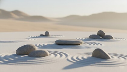Zen Garden Stone Podium Background with Sand Ripples and Desert Dunes